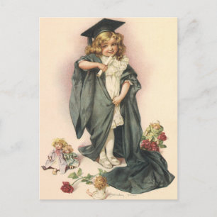 Vintage Graduation, Girl Wearing a Cap and Gown Invitation Postcard
