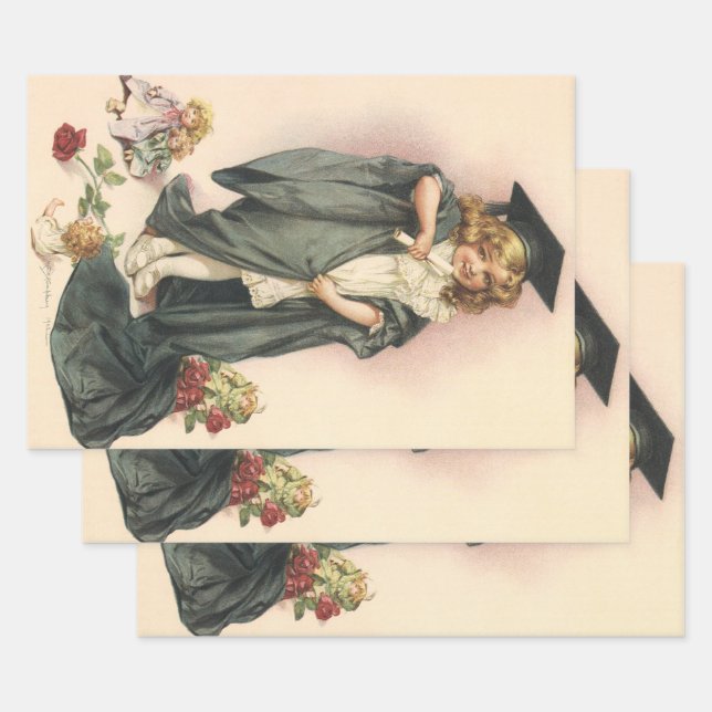 Vintage Graduation, Girl Wearing a Cap and Gown Wrapping Paper Sheet (Set)