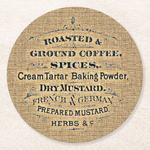 Vintage Grain Sack Style Grocery Store Sign Burlap Round Paper Coaster