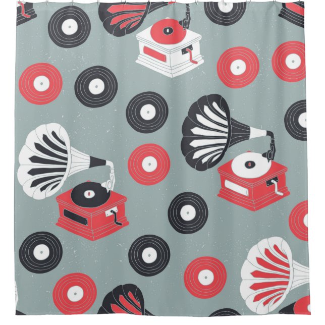 Vintage gramophone hand drawn seamless shower curtain (Front)