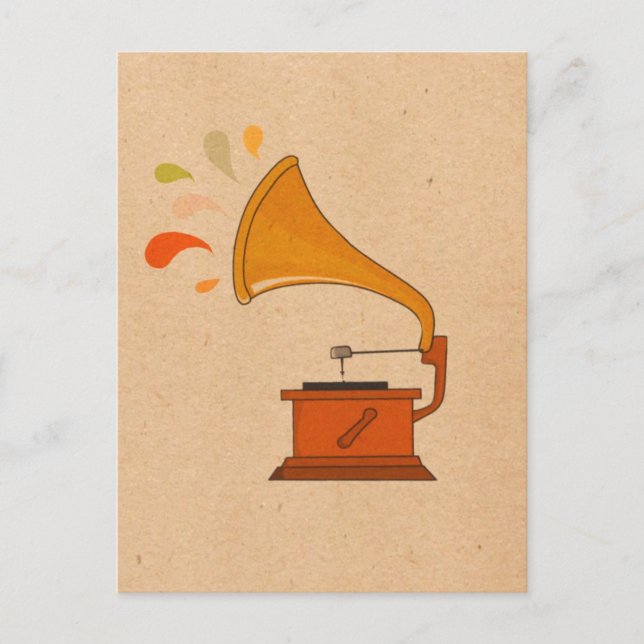 vintage gramophone with music spashes postcard (Front)