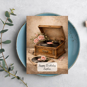 Vintage Gramophone with Roses Card