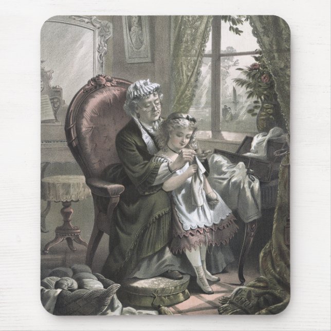 Vintage Grandma Teaching Kitting to Granddaughter Mouse Pad (Front)