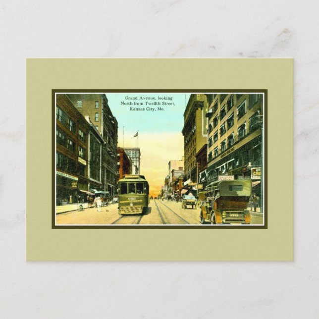 Vintage Grant avenue, streetcar, Kansas City MO Postcard (Front)