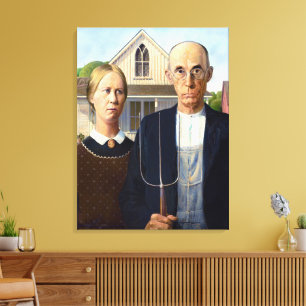 Vintage Grant Wood American Gothic Farmer Fine Art Canvas Print