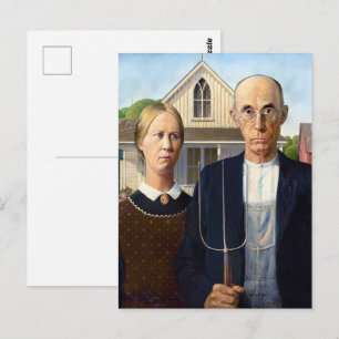 Vintage Grant Wood American Gothic Farmer Fine Art Postcard