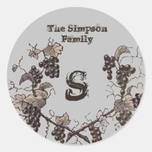 Vintage Grape Vines Sketch Botanical Monogram Classic Round Sticker