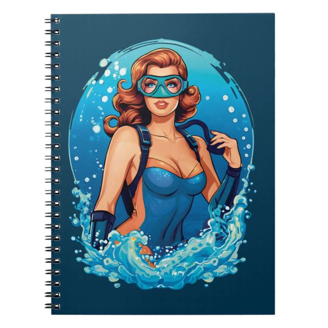 Vintage Graphic Design Female Scuba Diver Notebook (Front)