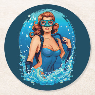 Vintage Graphic Design Female Scuba Diver Round Paper Coaster