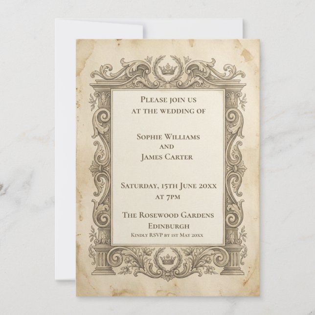 Vintage Gray Baroque Wedding Invitation (Front)