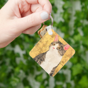 Vintage Gray White Cat Portrait Key Ring