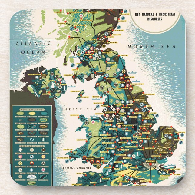 Vintage Great Britain Resources Map Coaster (Front)