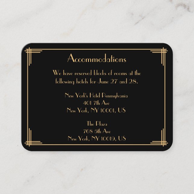 Vintage Great Gatsby Wedding Accommodation Cards (Front)