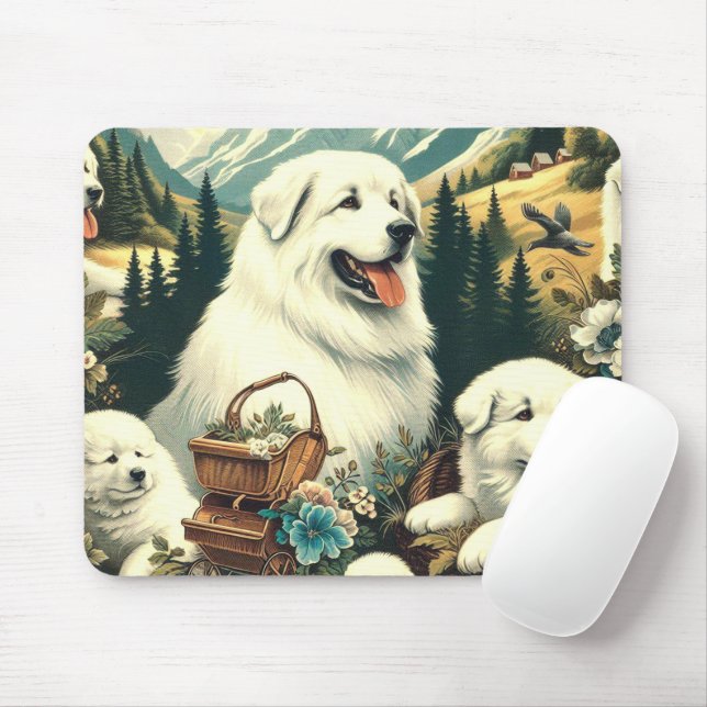 Vintage Great Pyrenees Dog Illustration Mouse Pad (With Mouse)