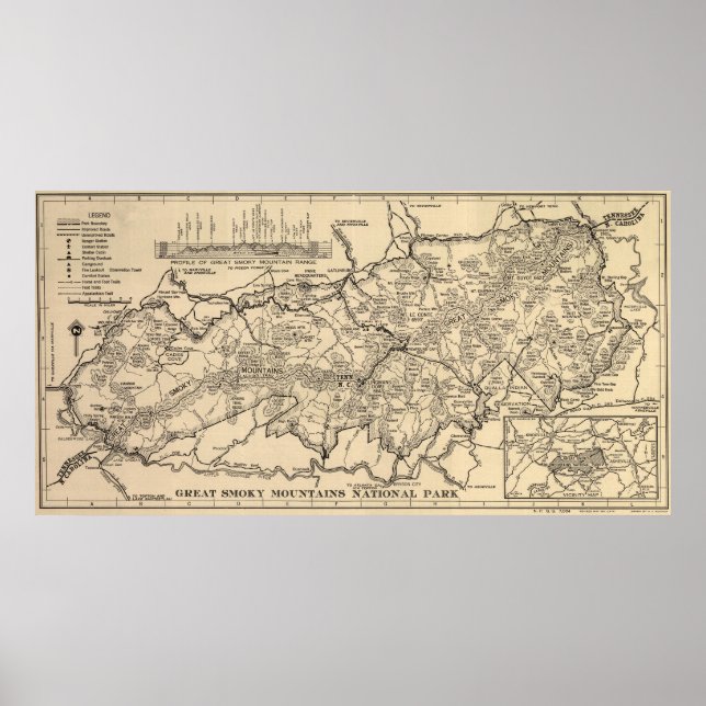 Vintage Great Smoky Mountains National Park Map Poster (Front)