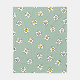 Vintage Green Aesthetic Botanical Floral Daisy Pat Fleece Blanket