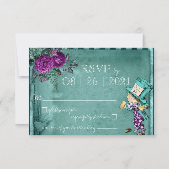 Vintage Green Alice in Wonderland Wedding RSVP Card (Front)