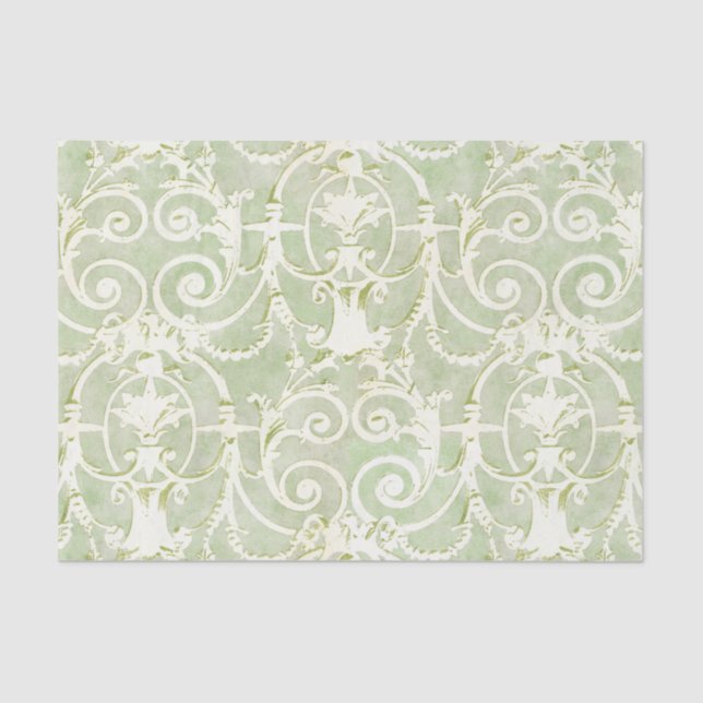 Vintage Green and Beige Damask Pattern Tissue Paper (Front)