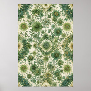 Vintage Green and Beige Floral Pattern Poster