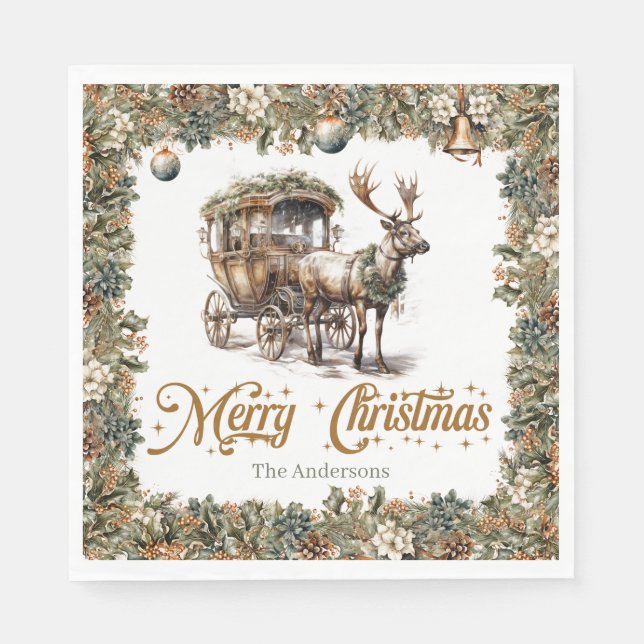Vintage green and gold Christmas Reindeer sleigh Napkin (Front)