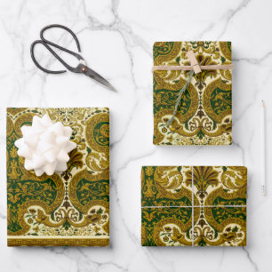 Vintage Green and Gold Floral Pattern Wrapping Paper Sheet