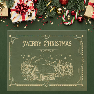 Vintage Green and Gold Merry Christmas Cabin Postcard