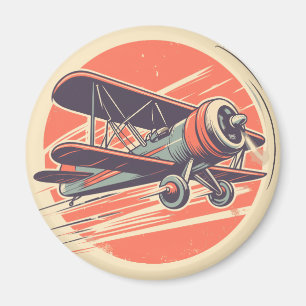 Vintage Green and Orange Biplane Aviator Magnet