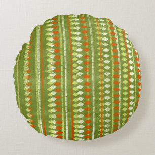 Vintage Green and Orange Stencil Design Round Cushion