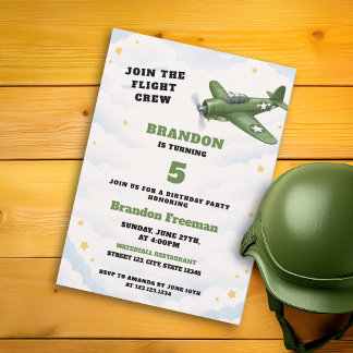 Vintage Green Army Airplane Military 5th Birthday Invitation