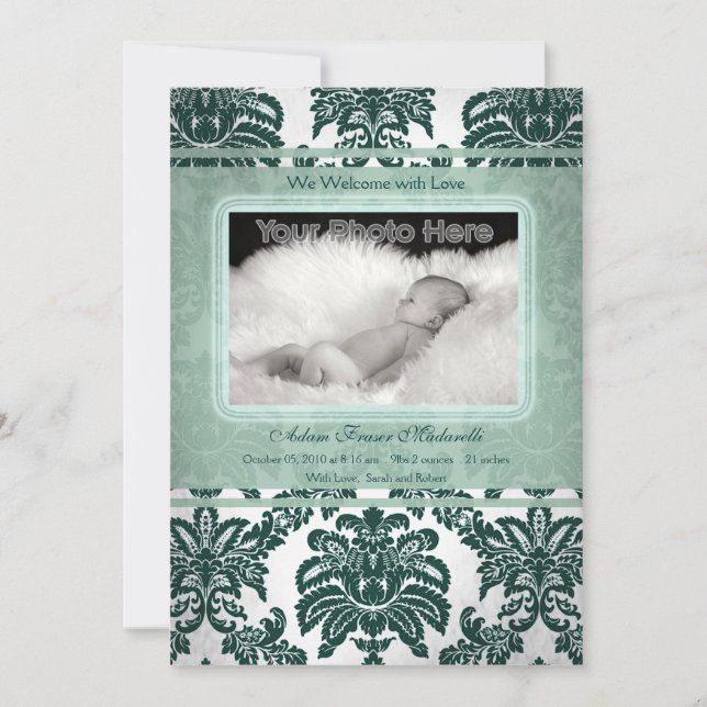 Vintage green baby photo announcement (Front)