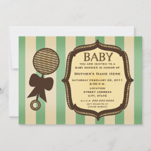 Vintage Green Baby Shower Rattle & Stripes Invitation