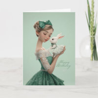 Vintage Green BDay Card with Elegant Lady & Bunny