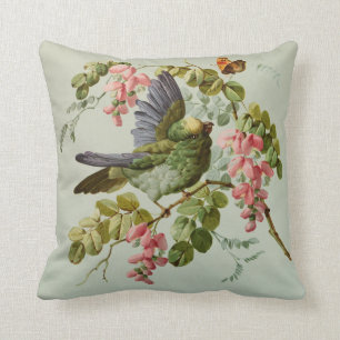 Vintage Green Bird and Pink Flowers Cushion