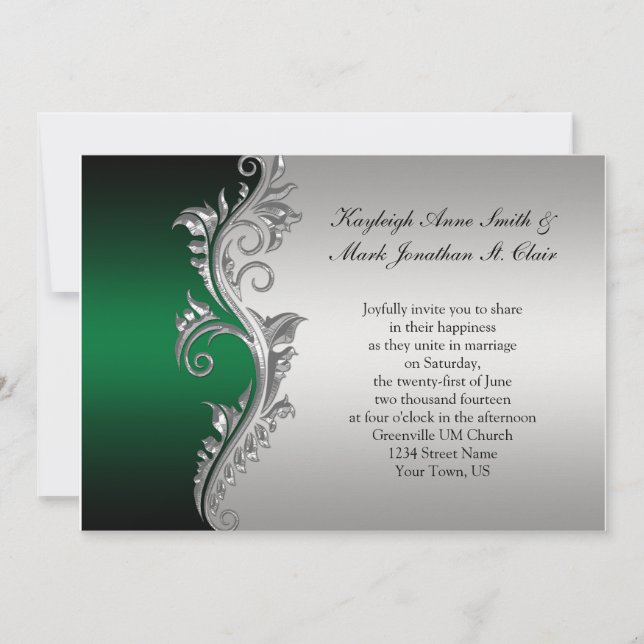 Vintage Green Black and Silver Wedding Invitation (Front)