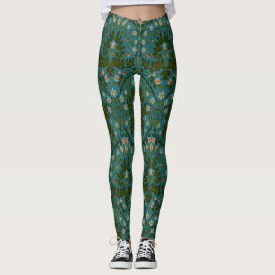 Vintage Green Blue William Morris Autumn Flowers Leggings