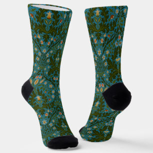Vintage Green Blue William Morris Autumn Flowers Socks