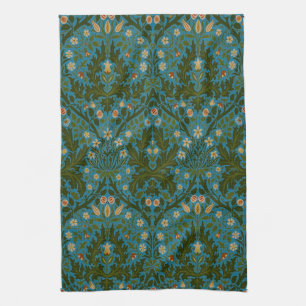 Vintage Green Blue William Morris Autumn Flowers Tea Towel