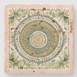 Vintage Green Boho Mandala Stone Coaster