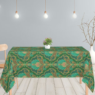 Vintage Green, Brown and Gold Floral Pattern Tablecloth