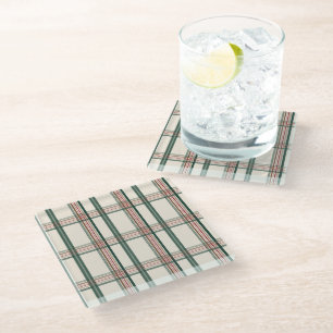 Vintage Green Brown Plaid Aesthetic Glass Coaster