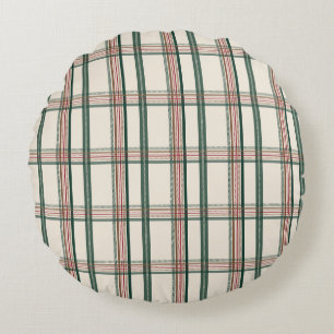 Vintage Green Brown Plaid Aesthetic Round Cushion