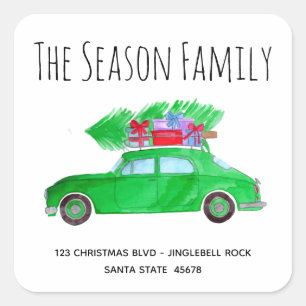 Vintage Green Car with Christmas tree Square Sticker