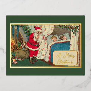 Vintage Green Christmas Eve Santa Gifts Children Foil Holiday Postcard