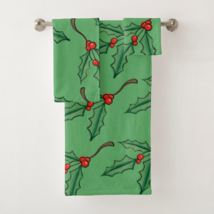 Vintage Green Christmas Holly Towel Set Gift