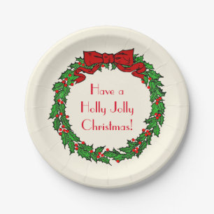 Vintage Green Christmas Holly Wreath with Red Bow Paper Plate