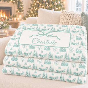 Vintage Green Christmas Toile Horse Sleigh Bow Fleece Blanket