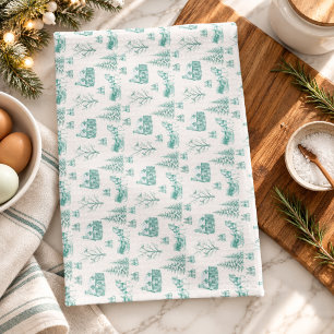 Vintage Green Cream Christmas Toile Horse Sleigh Tea Towel