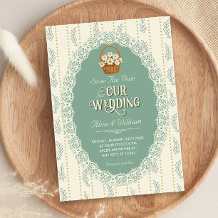 Vintage green cream floral save the date