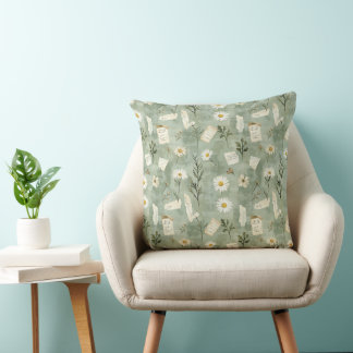 Vintage Green Daisy Ephemera Botanical Cushion