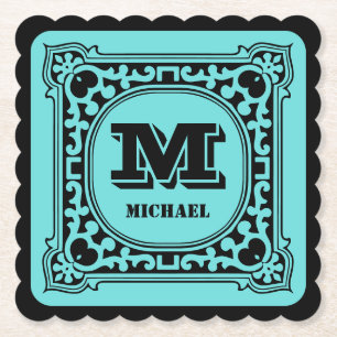 Vintage green decorative alphabet name monogram paper coaster